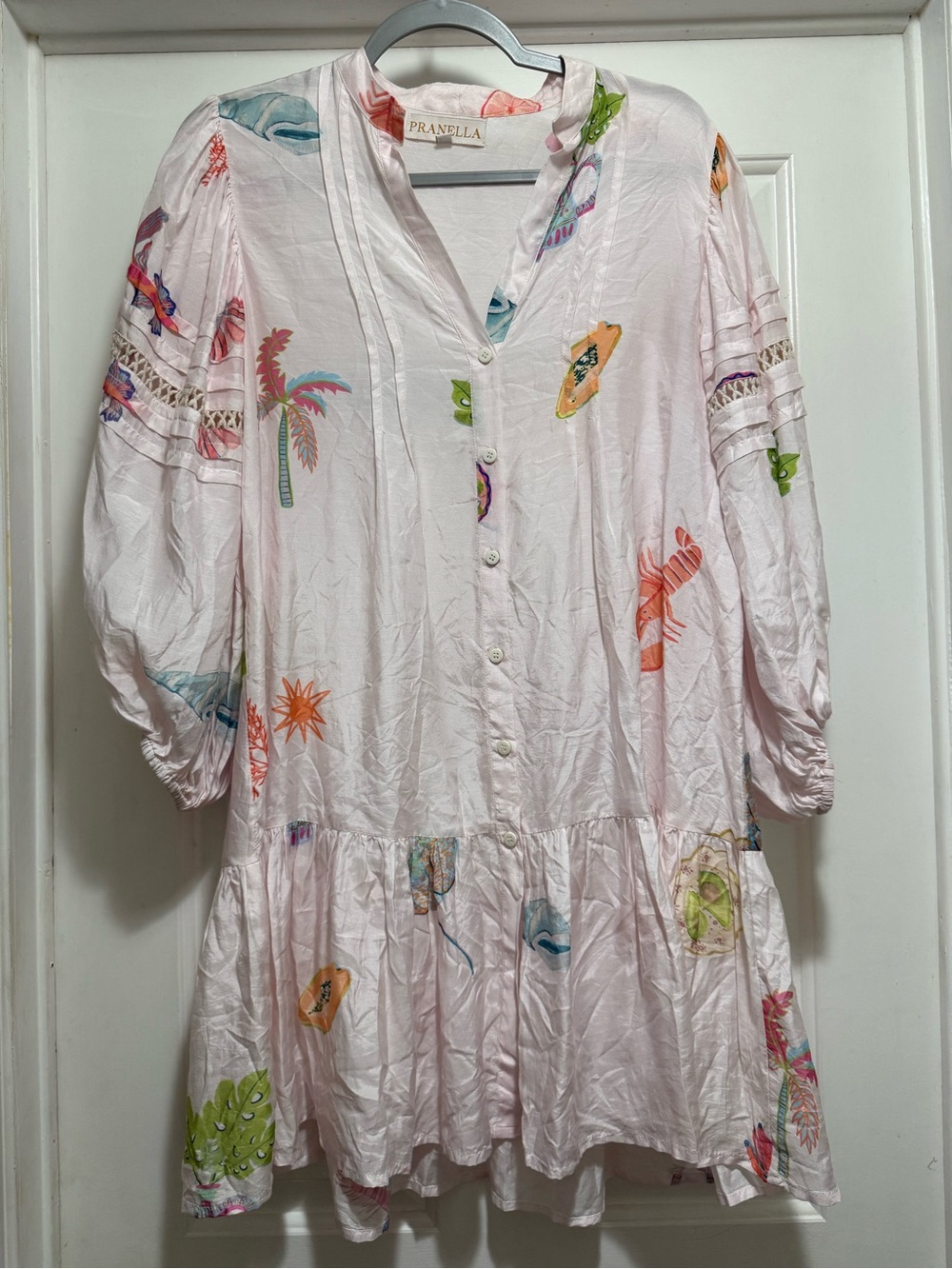 PRANELLA Pink Tropical Button-Front Tiered Dress